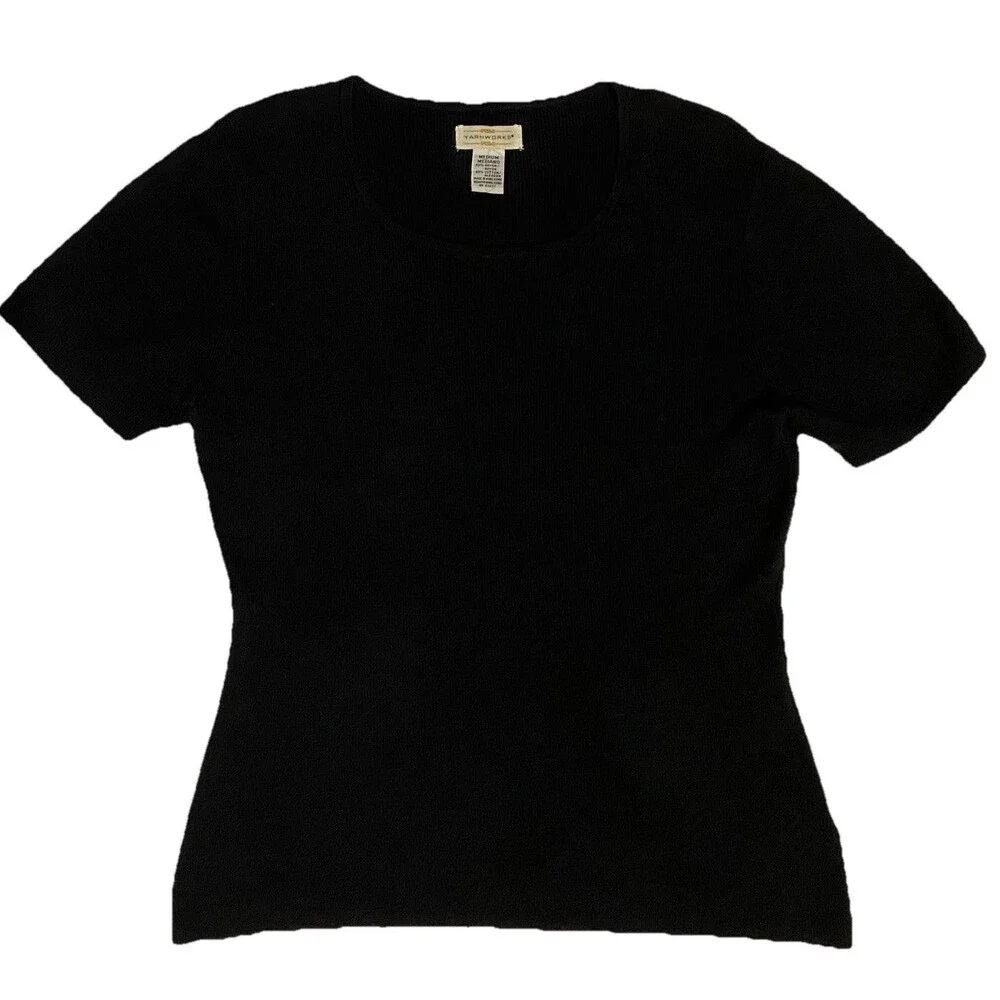 Yarn Works Womens M Black Short Sleeve Knit Textured Stretch Blouse Top Pullover